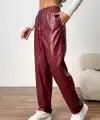 Kadın Yüksel Bel Bağcıklı Deri Pantolon
