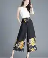 Kadın Yüksel Bel Belinde Kuşak Detaylı çiçek Baskılı Astarlı şifon Pantolon