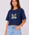 Kedi Baskılı Oversize Crop Tişört Salaş Basic Yarım Kol T-shirt - Lacivert