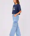 Kedi Baskılı Oversize Crop Tişört Salaş Basic Yarım Kol T-shirt - Lacivert