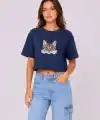 Kedi Baskılı Oversize Crop Tişört Salaş Basic Yarım Kol T-shirt - Lacivert