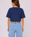 Kedi Baskılı Oversize Crop Tişört Salaş Basic Yarım Kol T-shirt - Lacivert