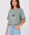 Kedi Baskılı Oversize Crop Tişört Salaş Basic Yarım Kol T-shirt - Mint Yeşili