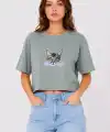 Kedi Baskılı Oversize Crop Tişört Salaş Basic Yarım Kol T-shirt - Mint Yeşili