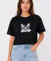 Kedi Baskılı Oversize Crop Tişört Salaş Basic Yarım Kol T-shirt - Siyah