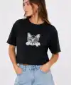Kedi Baskılı Oversize Crop Tişört Salaş Basic Yarım Kol T-shirt - Siyah