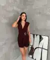 Kruvaze Drapeli Tokalı Mini Elbise Şık Gece Davet Abiye - Kahverengi