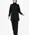 Osy Modal Yumuşak Dokulu Kumaş Modern Tesettür Takım Yandan Metal Çıtçıtlı Uzun Tunik Pantolon Set Salaş Kalıp - Siyah