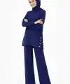 Osy Modal Yumuşak Dokulu Kumaş Modern Tesettür Takım Yandan Metal Çıtçıtlı Uzun Tunik Pantolon Set Salaş Kalıp - Lacivert