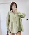Oversize Pens Detaylı Cepli Yırtmaçlı Rahat Kalıp Poplin Gömlek - Yeşil