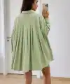 Oversize Pens Detaylı Cepli Yırtmaçlı Rahat Kalıp Poplin Gömlek - Yeşil