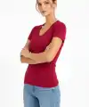 T-Shirt V Yaka Slim Fit Likralı Tişört Günlük Basic Body - Bordo
