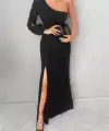 Tek Omuz Açık Derin Yırtmaçlı Krep Tam Boy Elbise