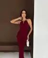 Uzun Abiye Elbise Yırtmaçlı Sırt Dekolteli Şık Gece Elbisesi - Bordo
