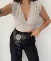 Vatkalı Kolsuz V Yaka Drapeli Crop Bluz Likralı Fit - Boyalı Gri