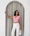 Vatkalı Kolsuz V Yaka Drapeli Crop Bluz Likralı Fit - Pembe