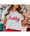 Yılbaşı Merry Christmas Baskılı Kısa Kollu Oversize Bisiklet Yaka T-shirt - Beyaz