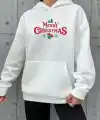 Yılbaşı Merry Christmas Baskılı Oversize Kapüşonlu Sweatshirt Hoodie - Beyaz
