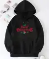Yılbaşı Merry Christmas Baskılı Oversize Kapüşonlu Sweatshirt Hoodie - Siyah