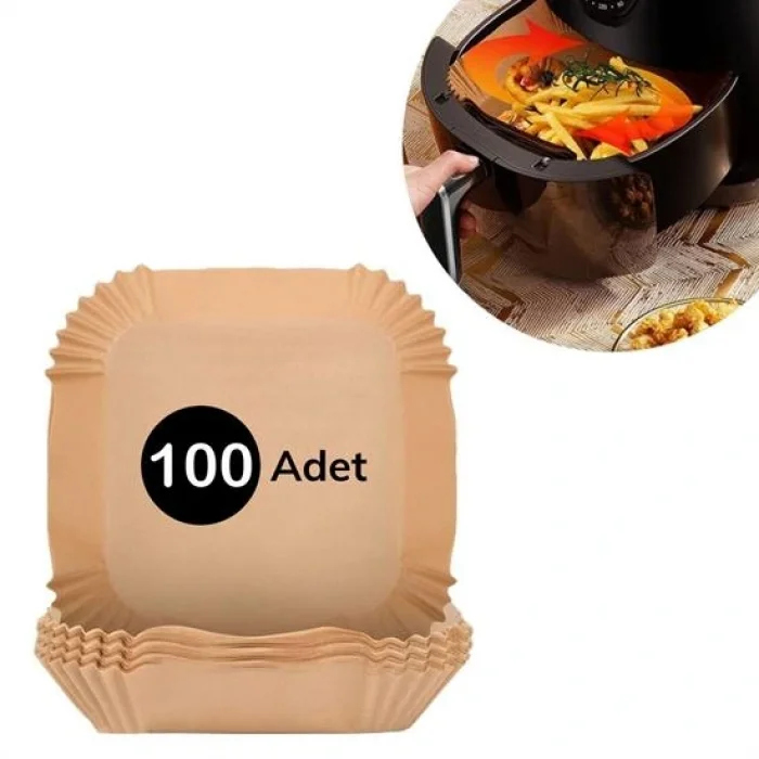 100 Adet Air Fryer Pişirme Kağıdı Tek Kullanımlık  Gıda Yağlı Kağıdı Kare Tabak Model (5047)
