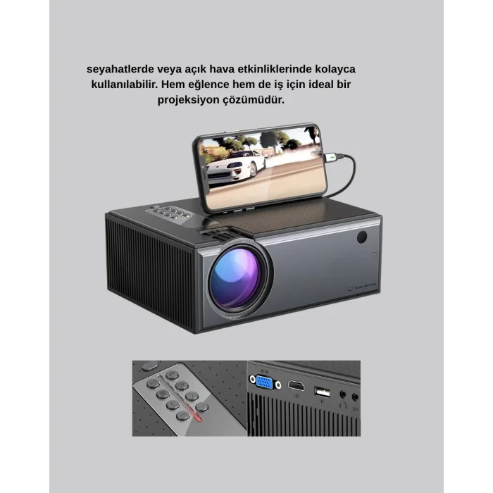 1080p Full HD Taşınabilir Projeksiyon Cihazı LED Işıklı Uzaktan Kumandalı