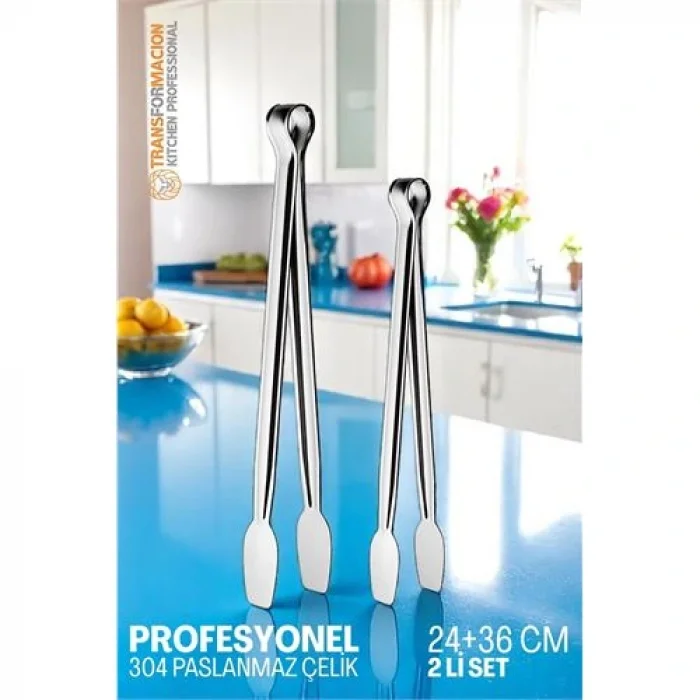 2 Boy Mutfak Maşası - Mangal Barbekü Maşası - Izgara Maşası Tava Maşası Çelik  18 ve 36 Cm