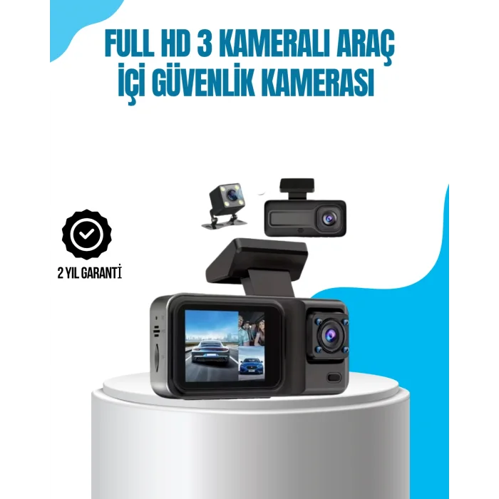 3 Kameralı Araç İçi Kayıt Cihazı 1080P Full HD Gece Görüşlü ve Wi-Fi Bağlantılı
