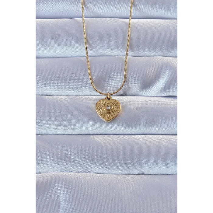 316L Altın Renk Zirkon Taşlı İşlemeli Göz Detay Kalp Kolye