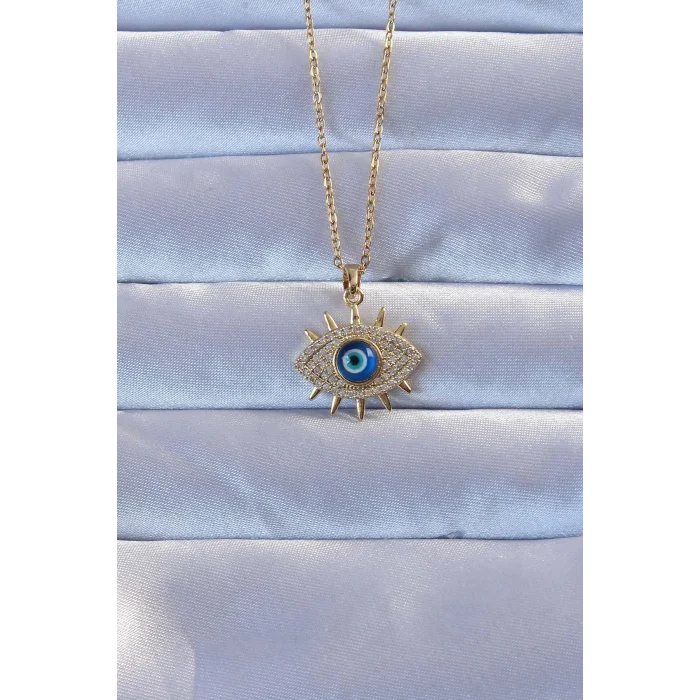 316L Altın Renk Zirkon Taşlı Nazarlı Göz Kolye