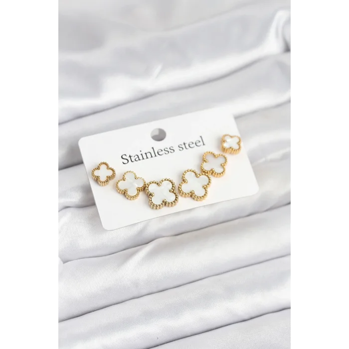 316L Çelik Gold Beyaz Renk 3 Boy Yonca Küpe Seti