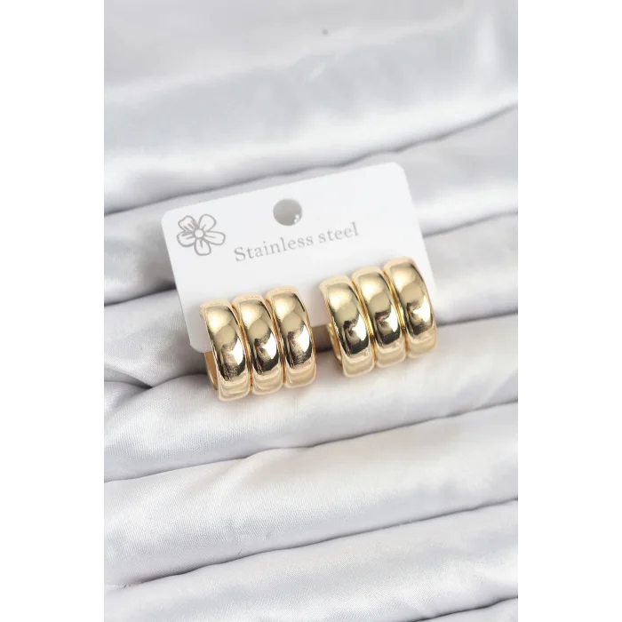316L Çelik Gold Renk 3lü Görünüm Kadın Küpe