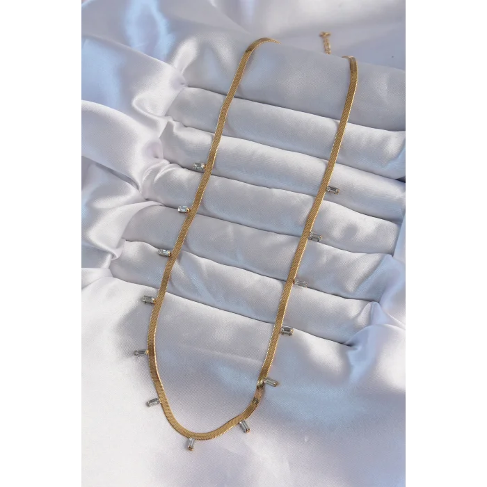 316L Çelik Gold Renk Baget Taşlı İtalyan Zincir Kolye