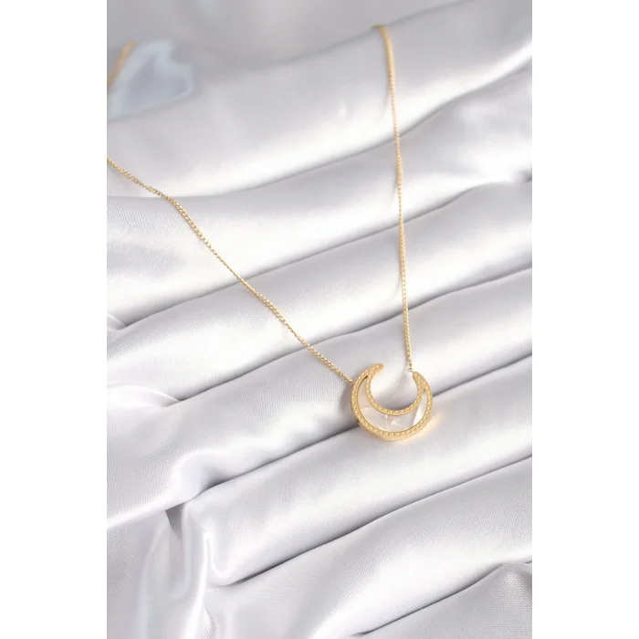 316L Çelik Gold Renk Beyaz Sedefli Hilal Model Kadın Kolye