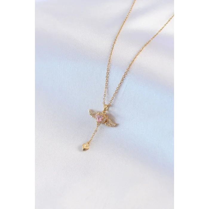 316L Çelik Gold Renk Kanatlı Kalp Model Zirkon Taş Detay Kadın Kolye