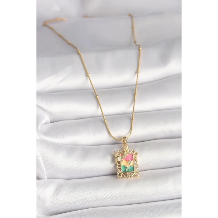 316L Çelik Gold Renk Renkli Zirkon Taşlı Kelebek İşlemeli Portre Model Kadın Kolye