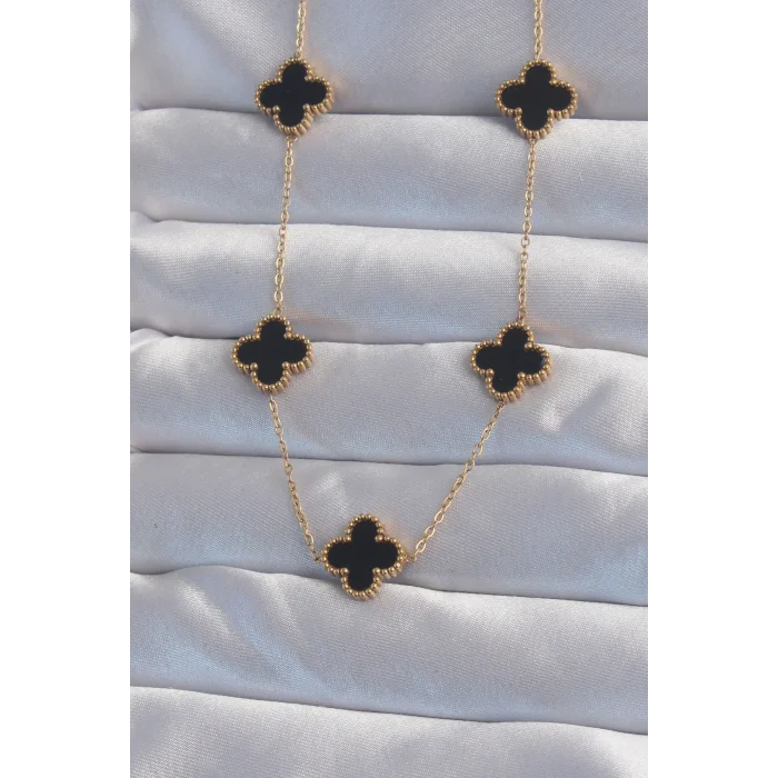 316L Çelik Gold Renk Siyah Mineli Yonca Kolye