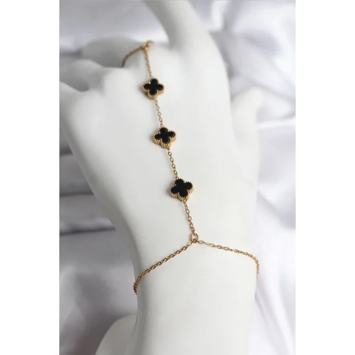 316L Çelik Gold Renk Siyah Yonca Model Kadın Şahmeran