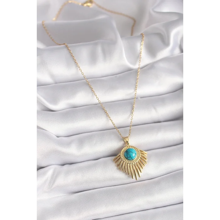 316L Çelik Gold Renk Zincir Mavi Boncuk Güneş Model Kadın Kolye