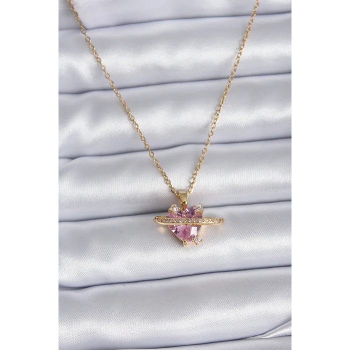 316L Çelik Gold Renk Zincir Pembe Kristal Kalp Model Zirkon Taş Detay Kadın Kolye