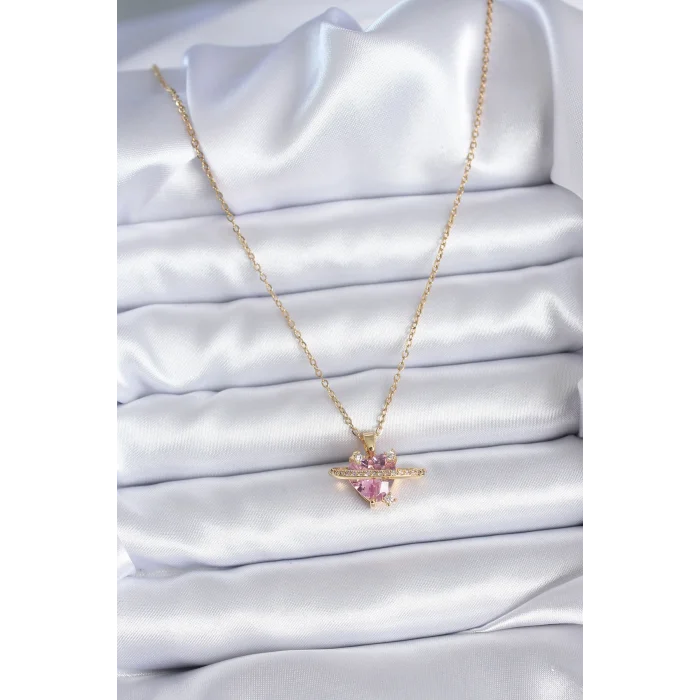 316L Çelik Gold Renk Zincir Pembe Kristal Kalp Model Zirkon Taş Detay Kadın Kolye