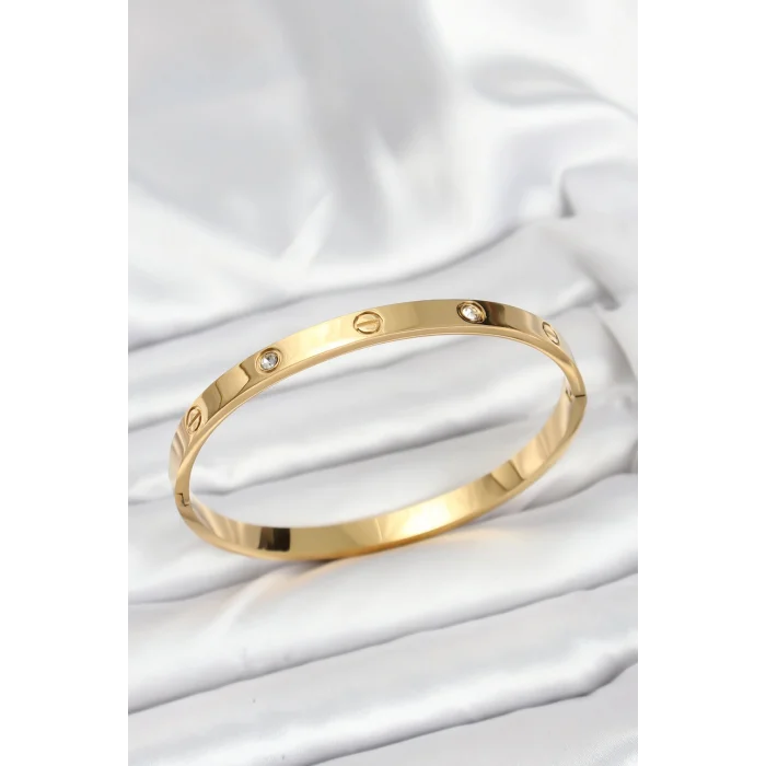 316L Çelik Gold Renk Zirkon Taşlı 65 mm Kadın Kelepçe Bileklik