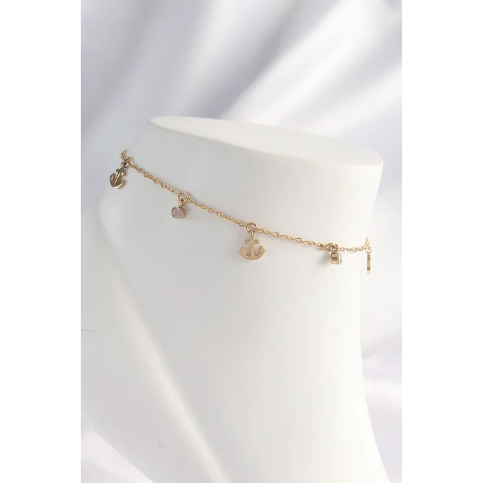 316L Çelik Gold Renk Zirkon Taşlı Minimal Çapa Tasarımlı Halhal