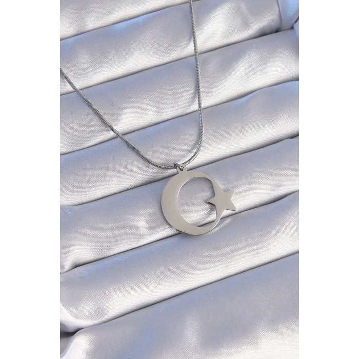 316L Çelik Gümüş Renk Ay Yıldız Model Unisex Kolye