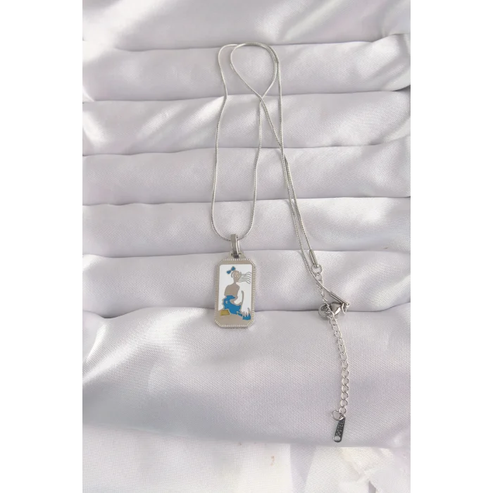 316L Çelik Gümüş Renk Beyaz Mineli Kız Figür Tarot Kolye