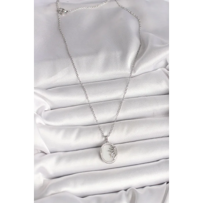 316L Çelik Gümüş Renk Zincir Beyaz Mineli Gün Batımı Model Zirkon Taş Detaylı Kadın Kolye
