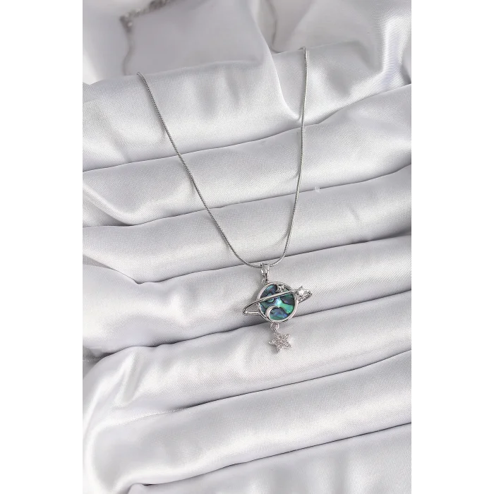316L Çelik Gümüş Renk Zincir Zirkon Taşlı Gezegen Model Kadın Kolye