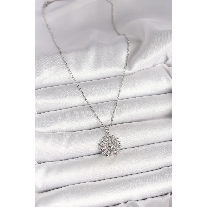 316L Çelik Gümüş Renk Zincir Zirkon Taşlı Güneş Model Kadın Kolye