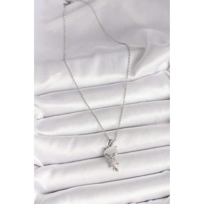 316L Çelik Gümüş Renk Zincir Zirkon Taşlı Kedi Model Kadın Kolye