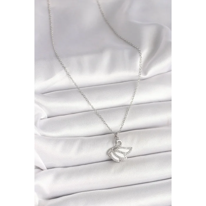 316L Çelik Gümüş Renk Zincir Zirkon Taşlı Kuğu Model Kadın Kolye