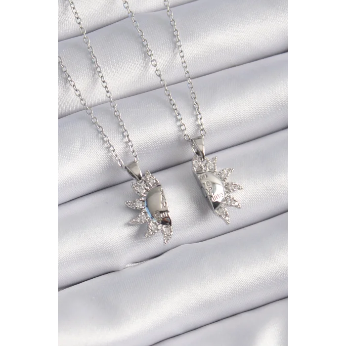 316L Çelik Gümüş Renk Zirkon Taşlı Güneş Model İşleme Yazı Detay Arkadaşlık Kolyesi